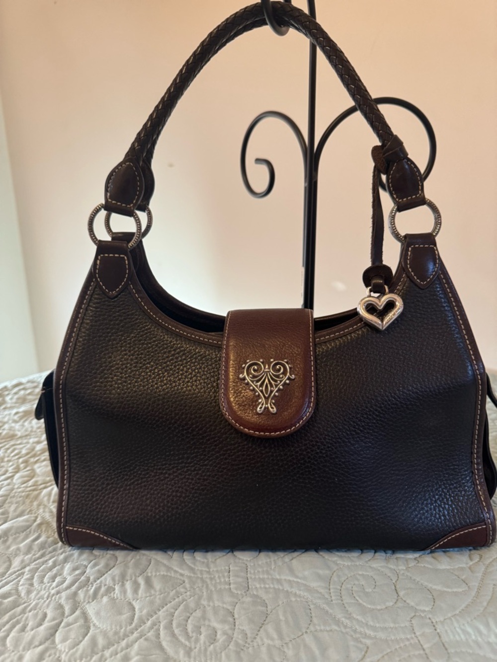 Black with Brown Leather Trim Vintage Brighton Shoulder Bag with Heart Charm
